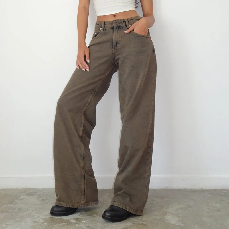 Women Y2K Aesthetic Low Rise Baggy Jeans Loose Fit Boyfriend Straight Wide Leg Jeans Trendy Stretch Long Denim Pants Trousers