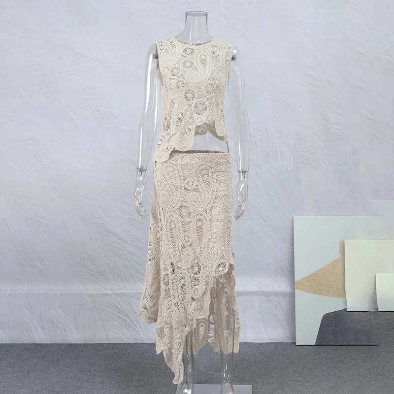 Knit Hollow Out 2 Piece-Set Long Skirt Women See-Through Sexy Patchwork Cropped Top And Maxi Skirt Sets Knitwear Outfits