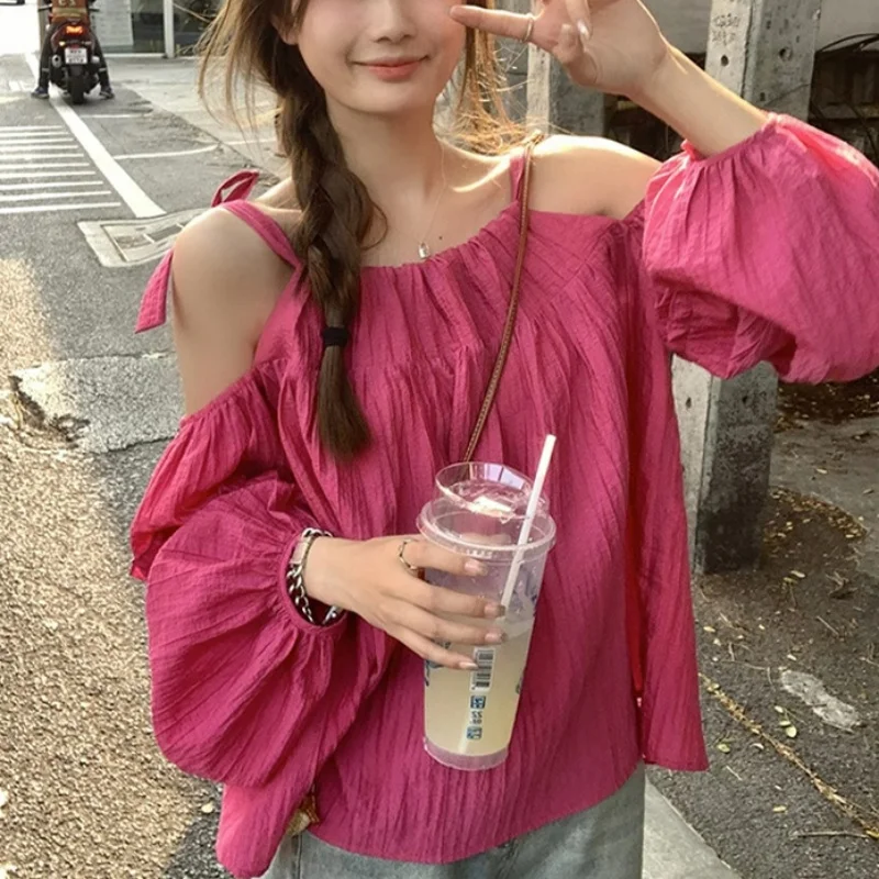 Women y2k Clothes Sexy Solid Color Tie Shoulder Lantern Cold Shoulder Long Sleeve Blouses Tops 2000s Shirts Streetwear