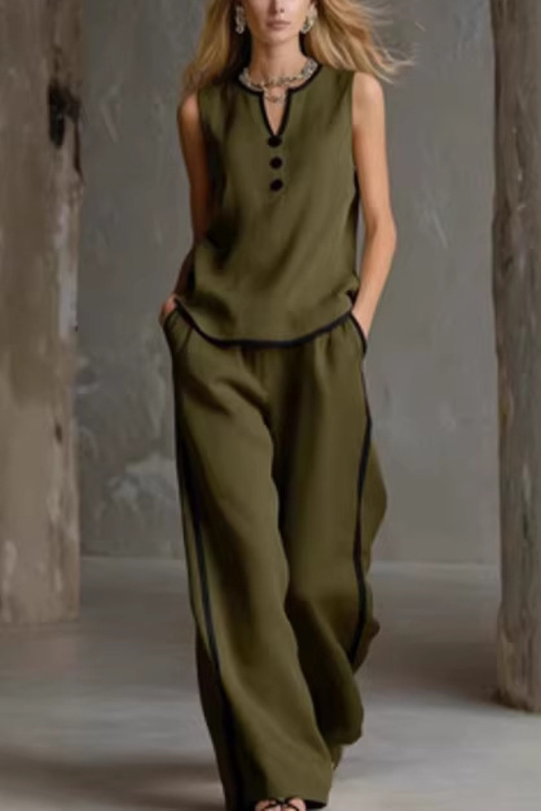 Stylish Color-blocked Sleeveless V-neck Top and Elastic Waist Pockets Casual Wide-leg Pants Set