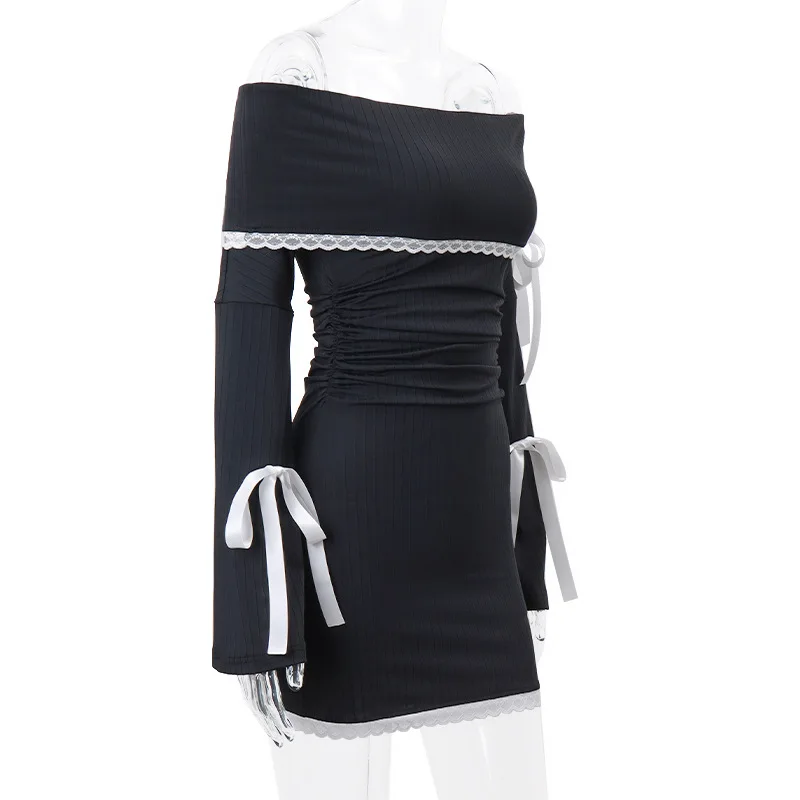 Lace Splice Mini Dress For Women Bandage Sexy Off The Shoulders Slim Ribbing Dresses Ladies Casual Bodycon Dress Woman