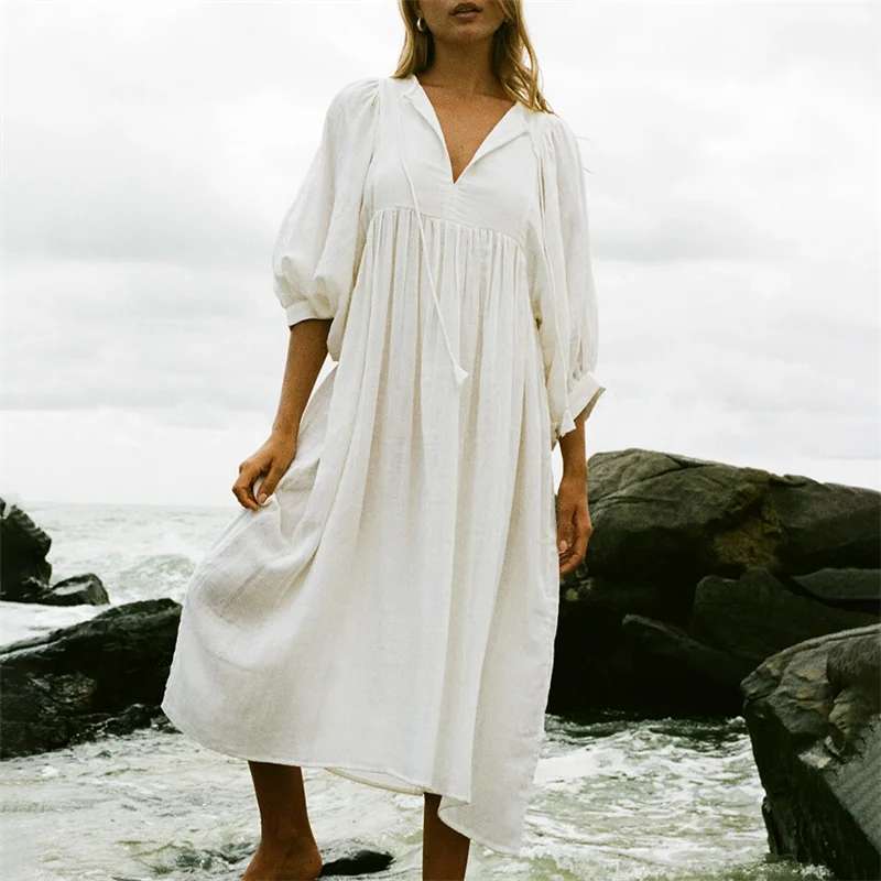 Beach Party Dress Women Summer Solid Color Round Neck Tie Front Puff 3/4 Sleeve Loose Midi Dress Vacation Dresses