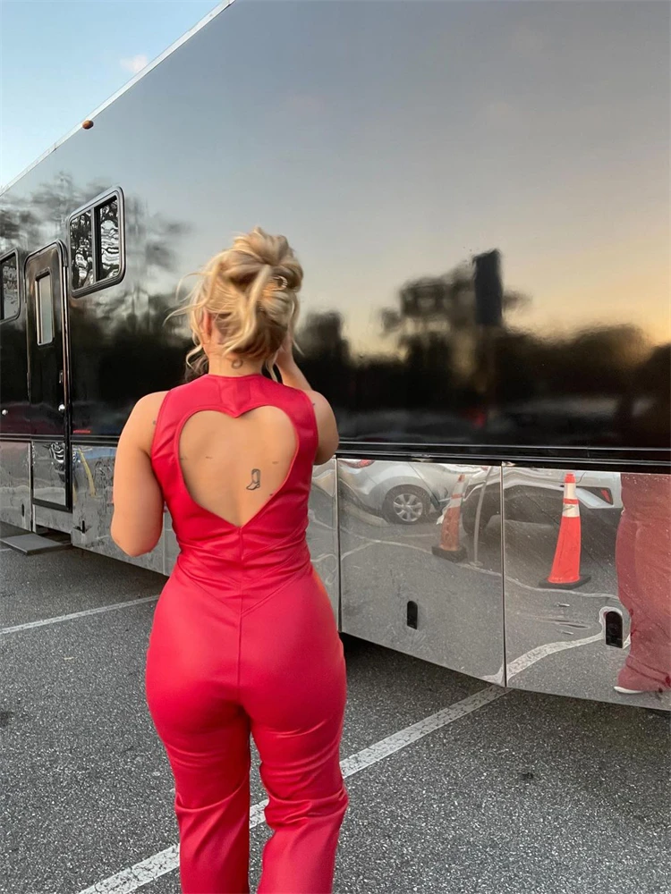 PU Leather Backless Jumpsuit Women 2025 Casual Wide Leg Jumpsuit Overalls For Women Skinny Streetwear Hot Faux Jumpsuit