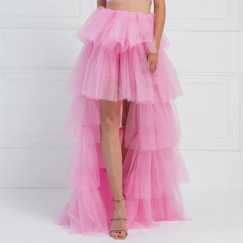 Tulle Skirts Women y2k Solid Color Elastic High Waist Asymmetrical Hem Long Skirts Summer Evening Party Skirt Clubwear