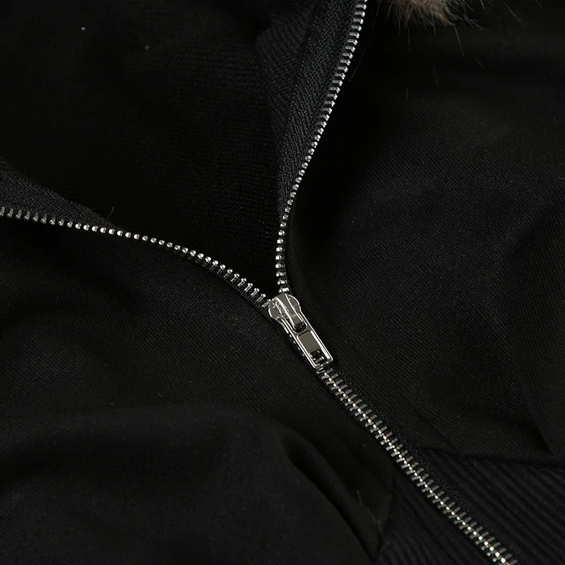Y2K Fur Trim Hoodie Cardigan Women Basic Black Slim Cropped Jacket 90s Vintage Winter Zipper Coat Harajuku Streetwear