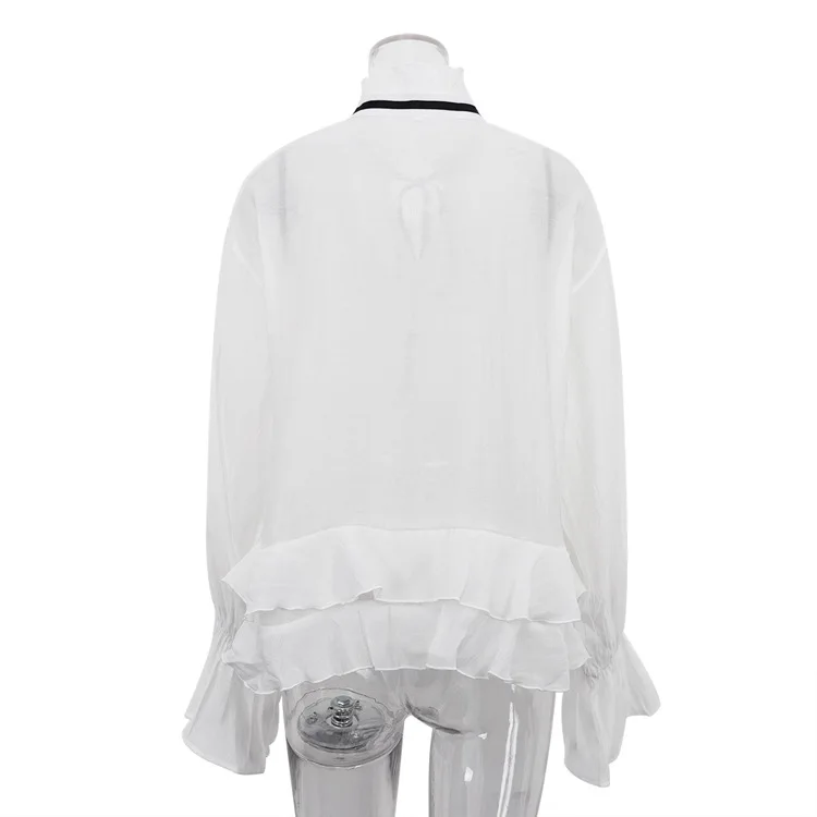 Bandage See-Through Chiffon Shirts Pullover For Women Cover up Patchwork Fashion Summer Lace-Up Women's Blouse Top
