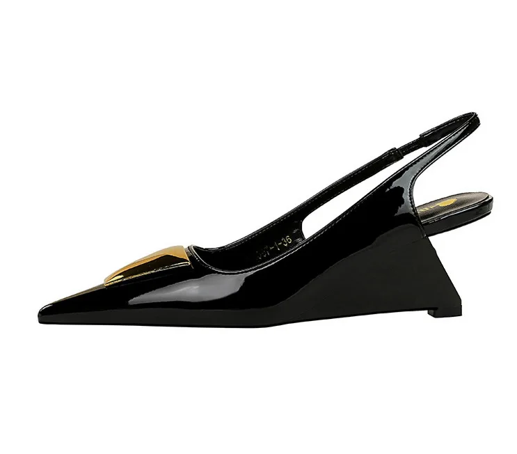 Patent Leather High Heels Wedges Shoes Lady Trendy Pumps Pointed Toe Hollow Back Strap 6.5 Cm Women Sandals White Heels Shoes