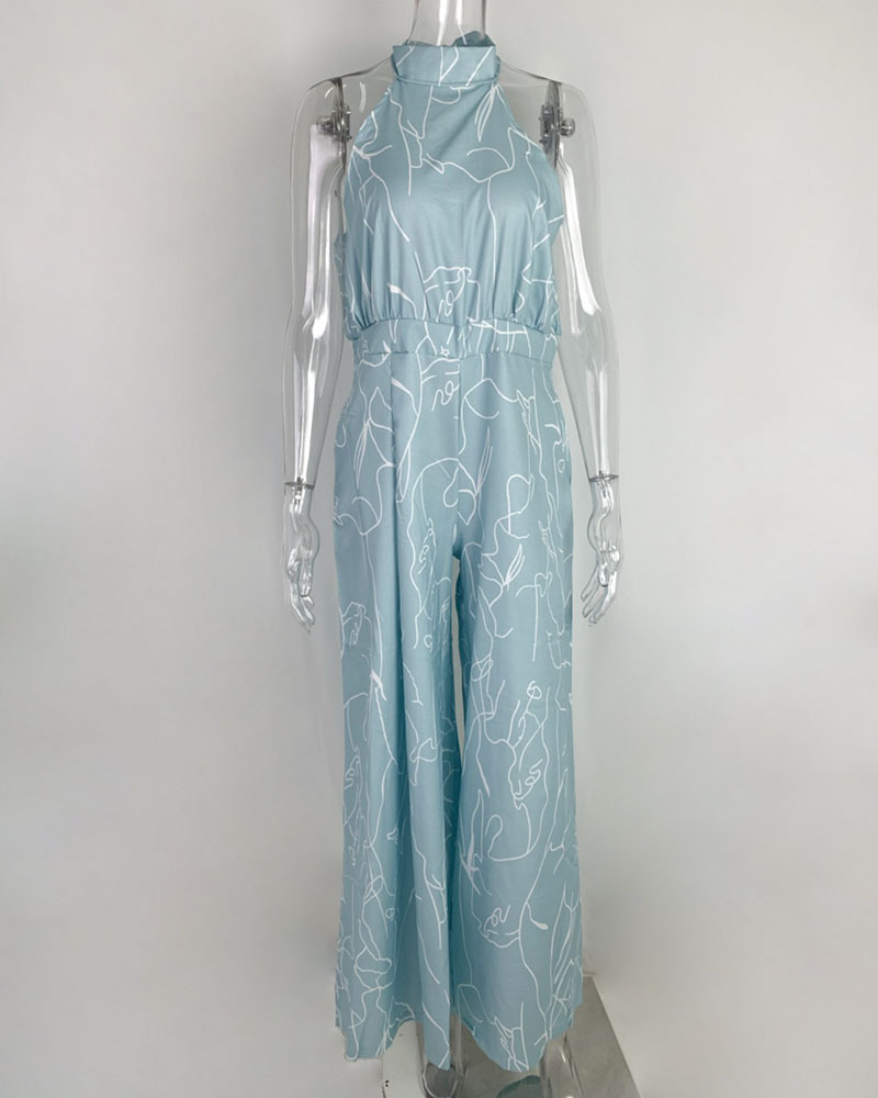 Summer Women Clothing Elegant High Waist Lace up Sleeveless Halter Trousers Jumpsuit