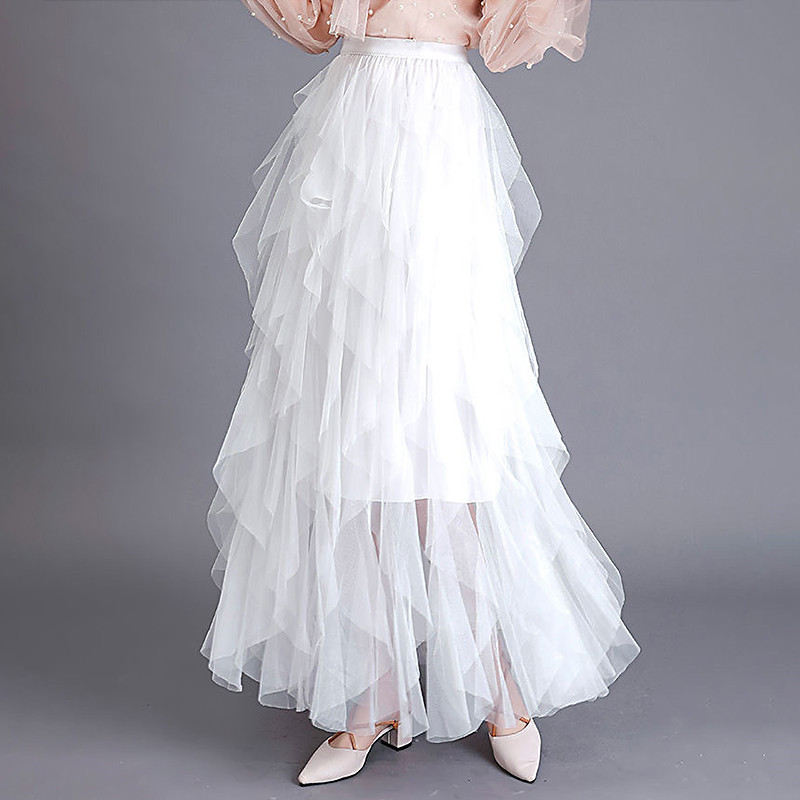 Autumn Winter Vintage Layered Tulle Skirt Women Elastic High Waist Mesh Skirts Long Pleated Tutu Skirt Jupe Longue
