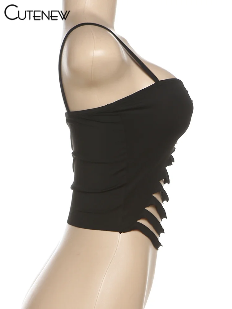 Ruched Sexy Camis Women Attractive Metal Rings Chic Cut Out Shape Low Neck Backless Skinny Solid Tanks Mujer Club Tops