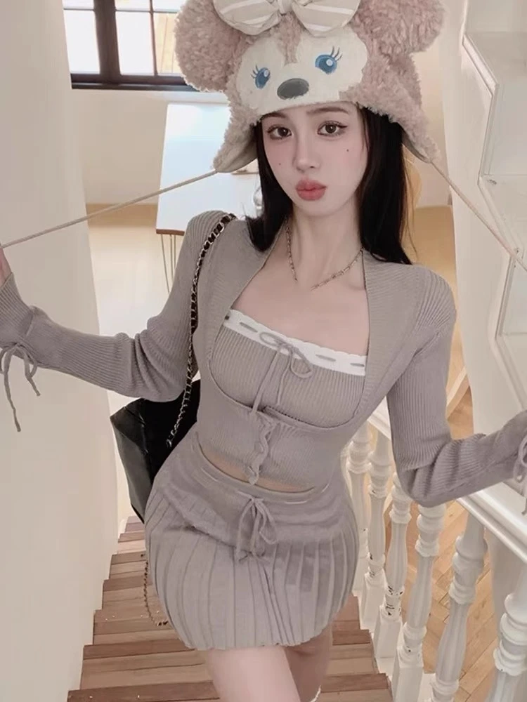 Solid Knitted Suit 3 Piece Set Woman Y2k Cropped Patchwork Vest + Slim Cardigan + Mini Pleated Skirt Autumn Korean Chic Outfits
