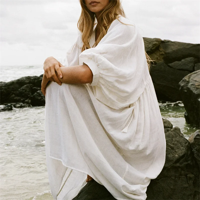 Beach Party Dress Women Summer Solid Color Round Neck Tie Front Puff 3/4 Sleeve Loose Midi Dress Vacation Dresses