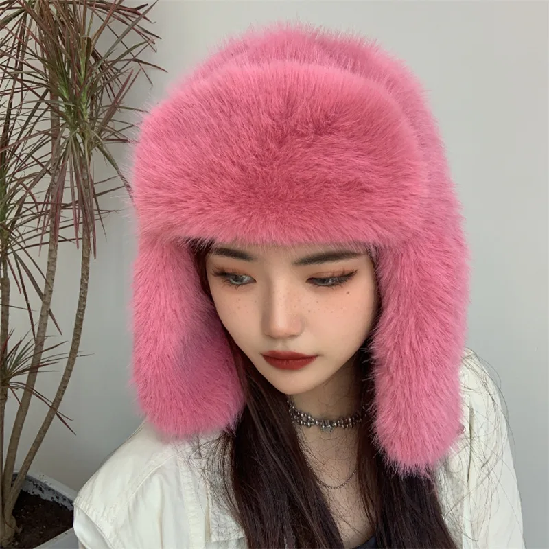 Winter Women Fluffy Furry Faux Fox Fur Bomber Hats Flaps Luxury Vintage Y2k Girls Warm Earflap Snow Ski Hat Caps Russian