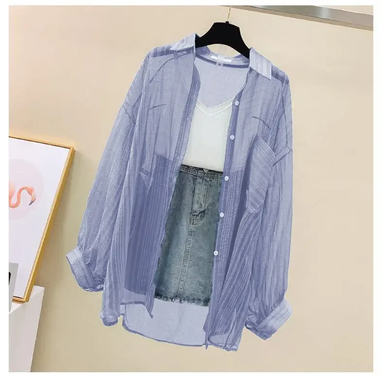 Women Elegant Long Sleeve Perspective Sheer Sunscreen Chiffon Blouse Korean Fashion Loose Shirt Women Summer Beach Cardigans