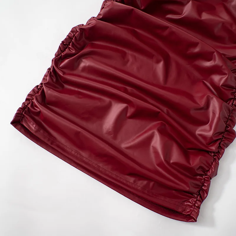 Faux Leather Skew Collar Mini Dress For Women Sexy Twist Sleeveless Ruched Dress Slim Fit Female Club Party Streetwear