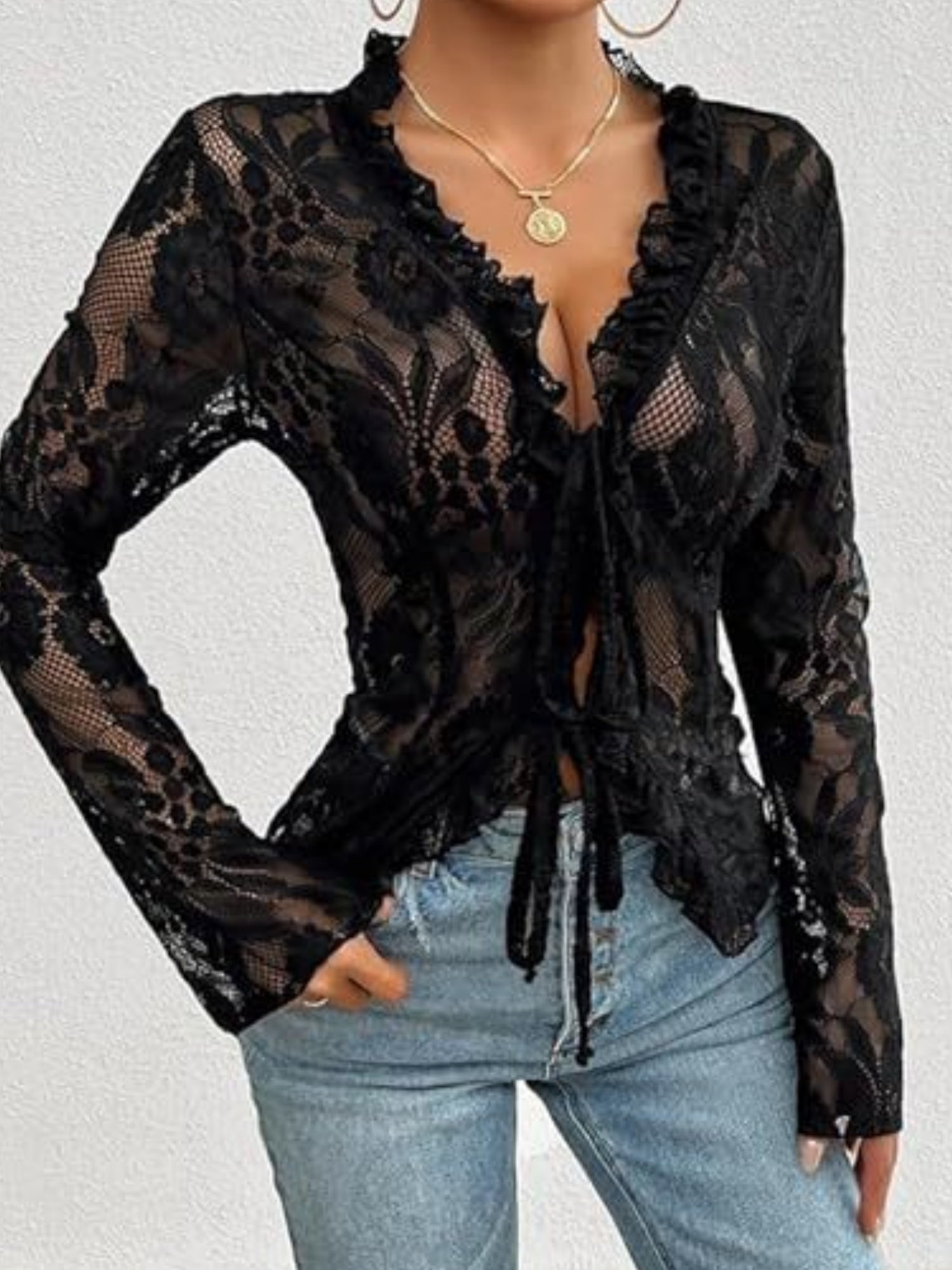 Lace See-through Ruffle Open Front With Tie Sweet T-shirts