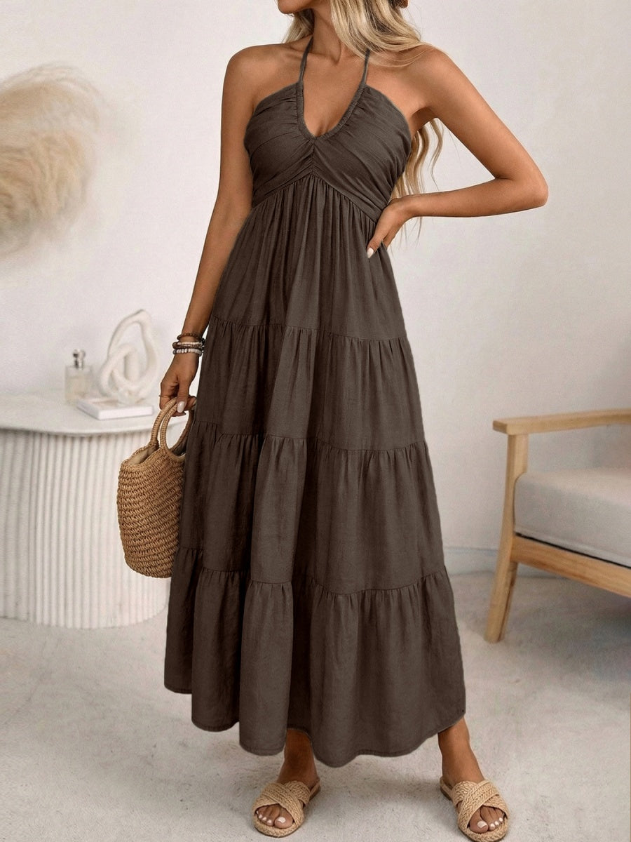 Halter V-neck Drawstring Loose-fit Vacation Maxi Dresses