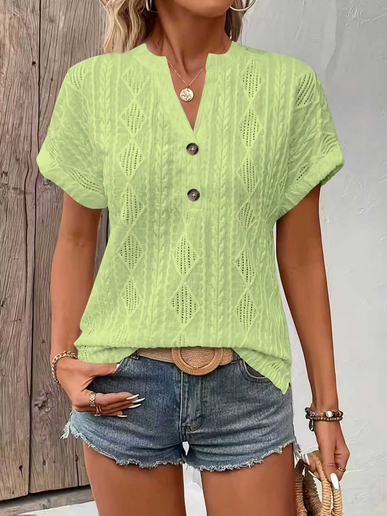 Knitting Buttons V-neck Short Sleeve T-shirts