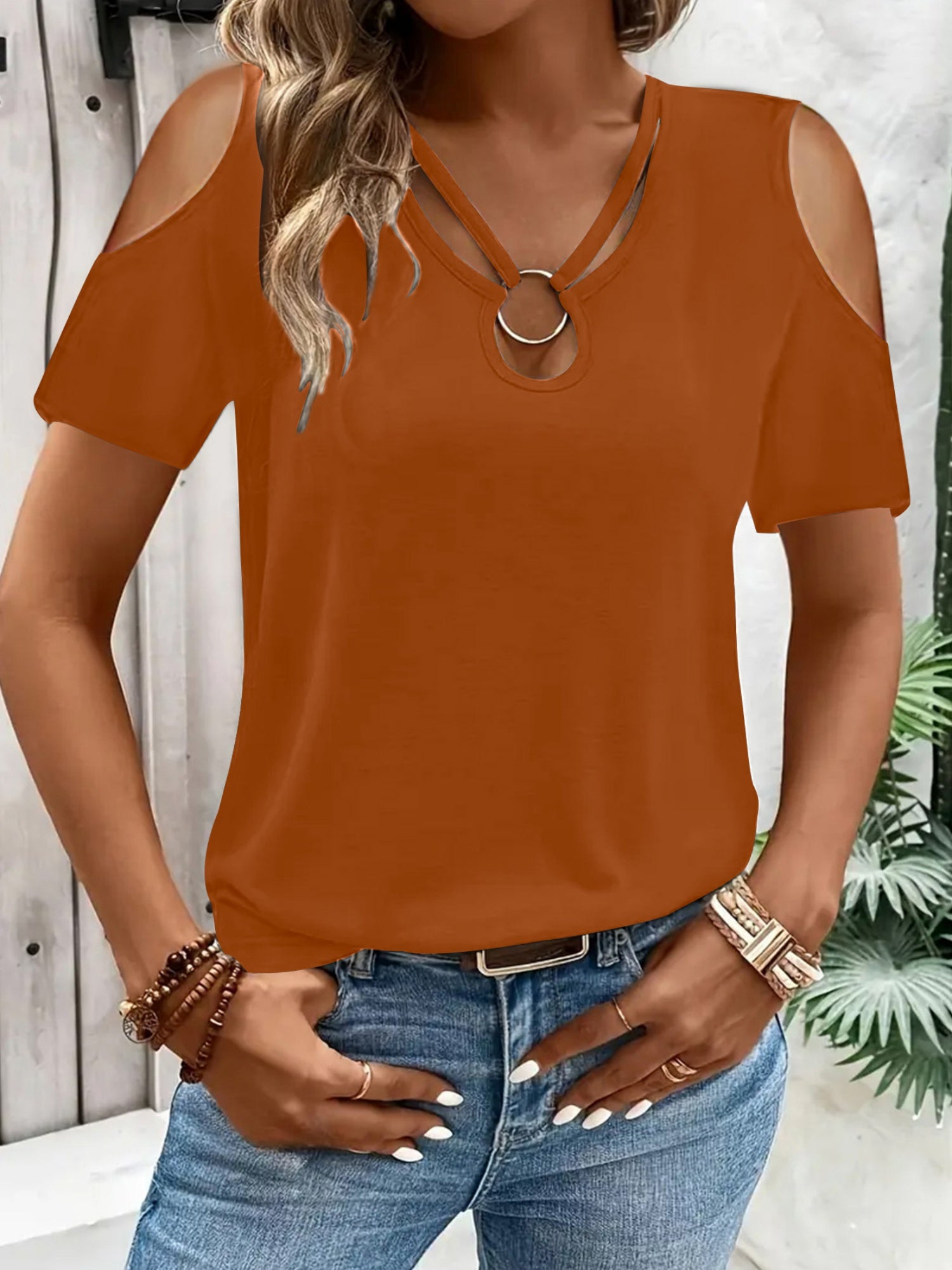 Hollowed-out Cross Off-shoulder V-neck Short Sleeve T-shirts