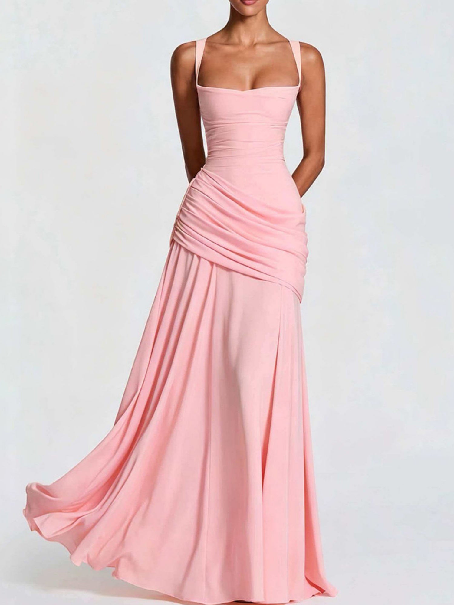 Pleated Waist-cinching And Backless Fish Tail Low-cut Halter Top Maxi Dresses