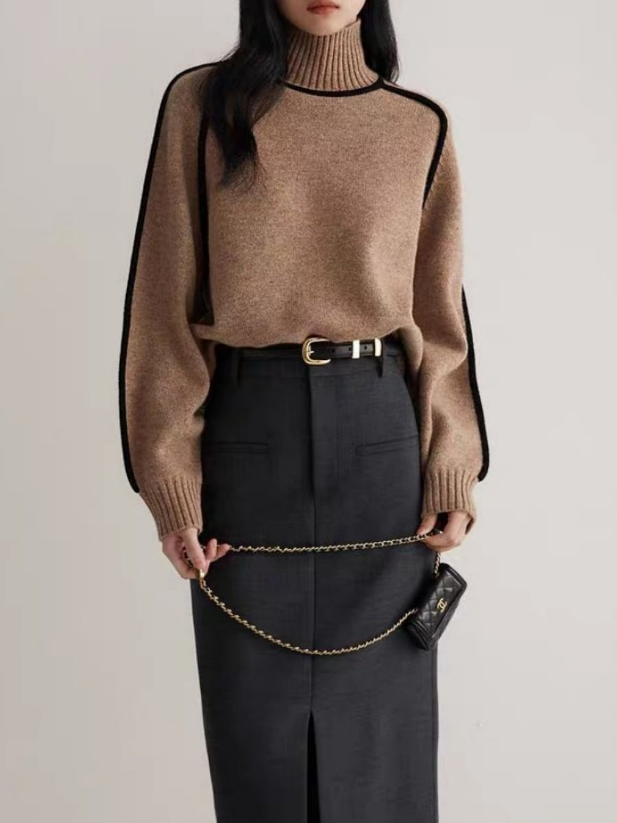 Color-blocked Stripes Splicing Half Turtleneck Sweaters