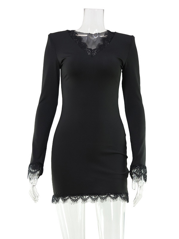 Lace Trim Long Sleeve V-Neck Bodycon Mini Party Dress For Women 2026