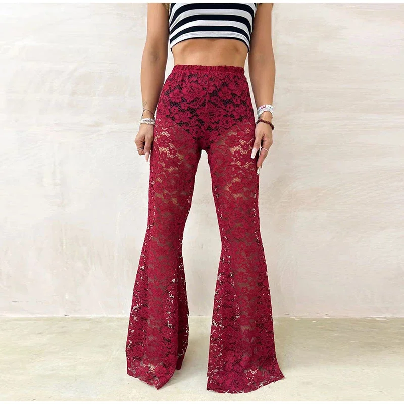 Sexy Lace Sheer Flare Pant Women Hollow Out Lady Vacation Long Trousers Female 2025 Spring Elastic High Waist Streetwear New