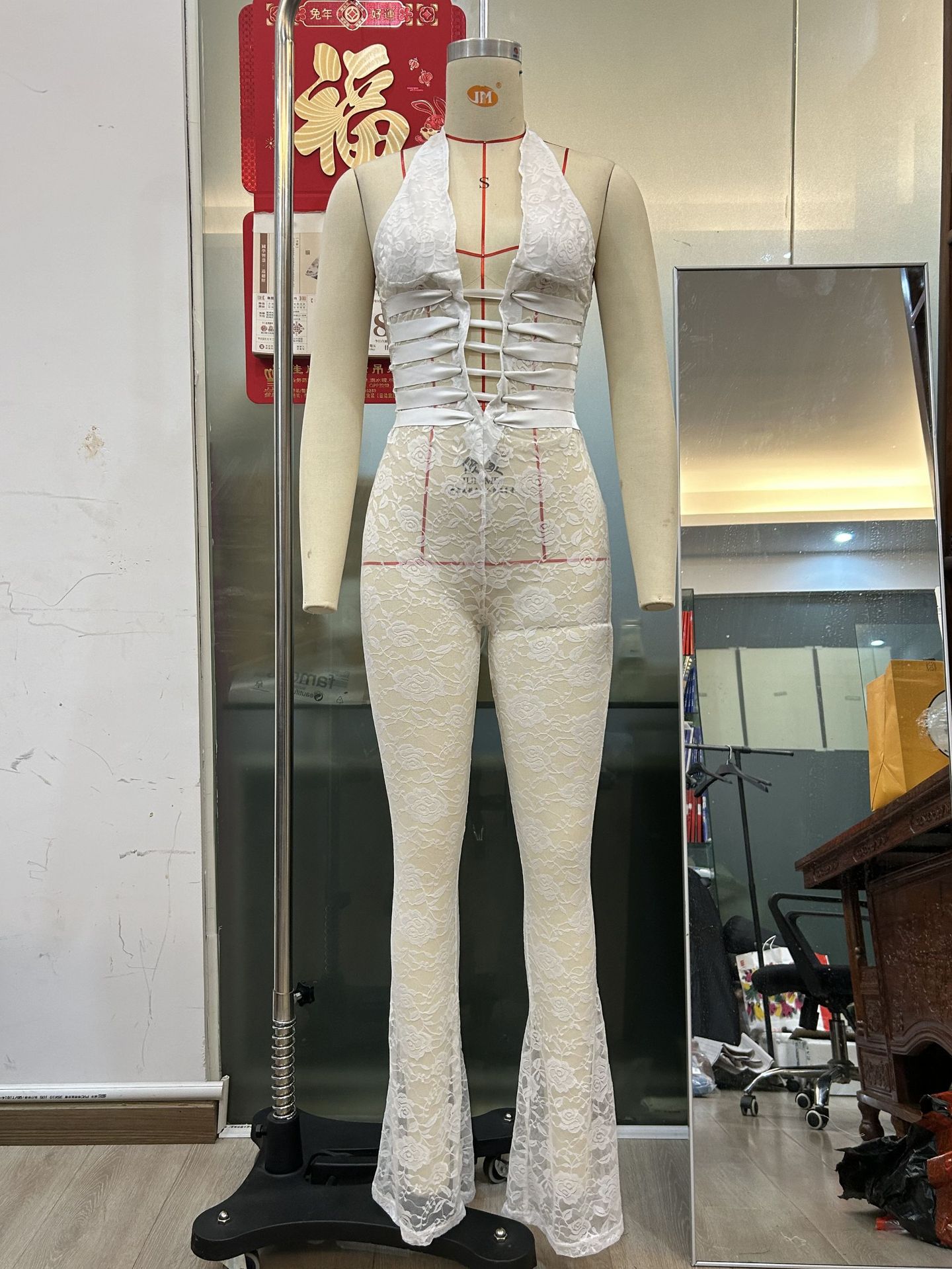 Sexy Lash Rope Lace up Slim Fit Jumpsuit See through Lace Trousers