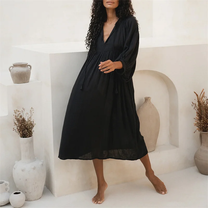 Beach Party Dress Women Summer Solid Color Round Neck Tie Front Puff 3/4 Sleeve Loose Midi Dress Vacation Dresses