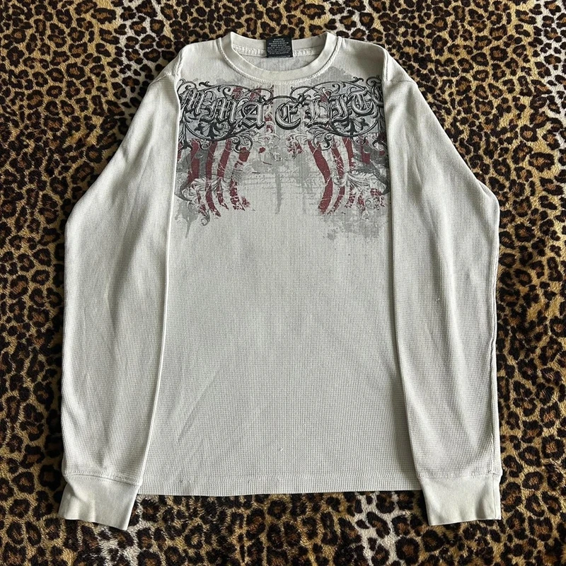 Graphic Print T-shirt Aesthetic Grunge Full Sleeve Pullovers Tees Women Vintage E-girl Gothic Mall Goth Crop Top Y2K Emo Clothes