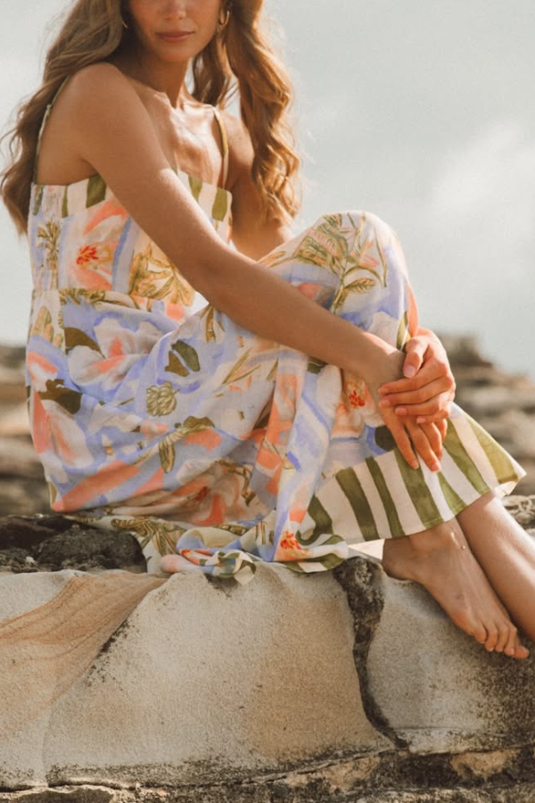 Unique Print Square Neck Spaghetti Strap Waist Casual Maxi Dress