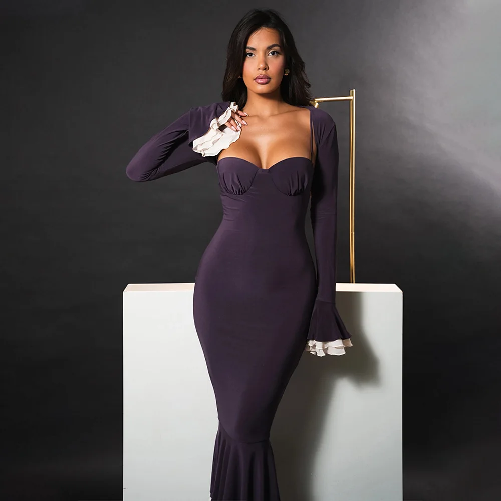 Elegant Long Flared Sleeve Elastic Tight Women Two-piece Set Autumn/Winter New 2025 Sexy Party Club Evening Dress