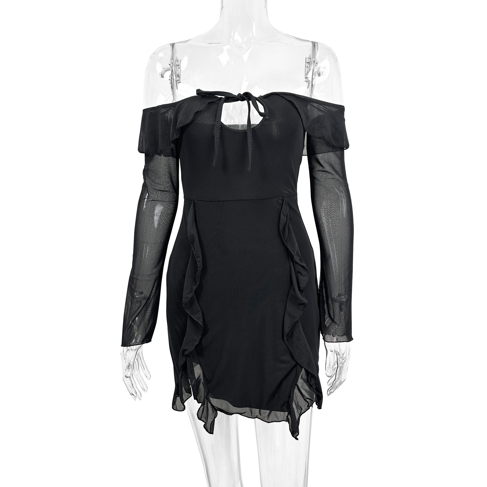 Autumn Winter off Shoulder Tube Top Short Dress Sexy Backless Ruffled Mesh Hip Dress