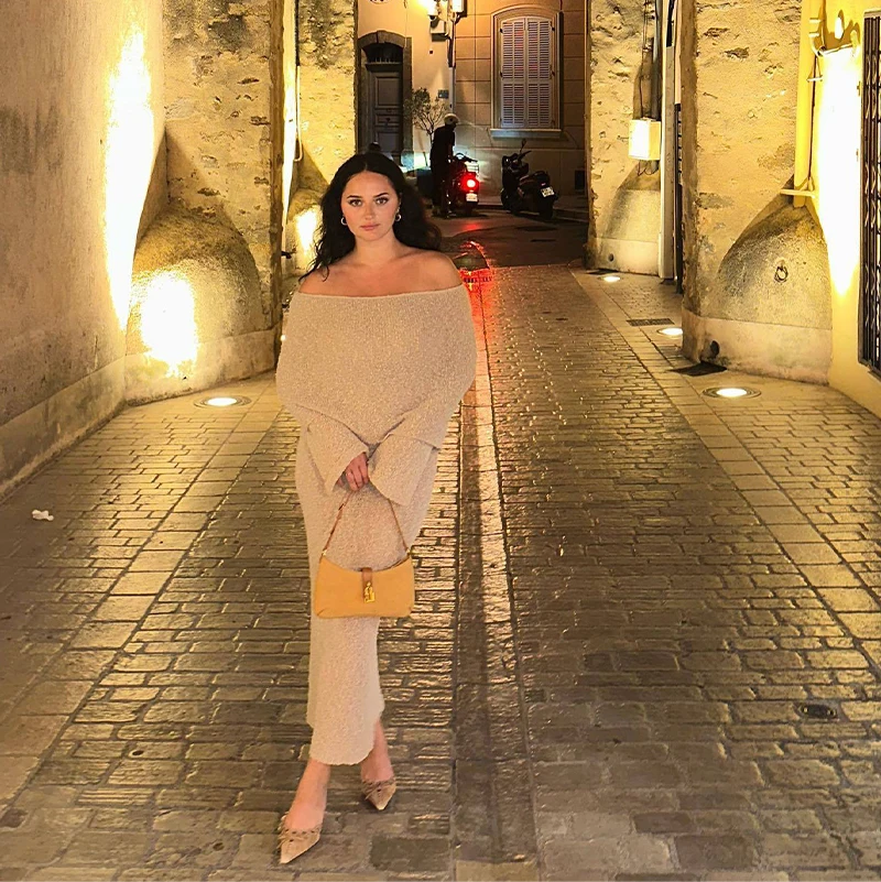 Beach Knitted Off The Shoulder Long Dress Women Slim Flare Sleeve Hollow Out Maxi Dresses 2025 Summer Lady Hip Package Robes