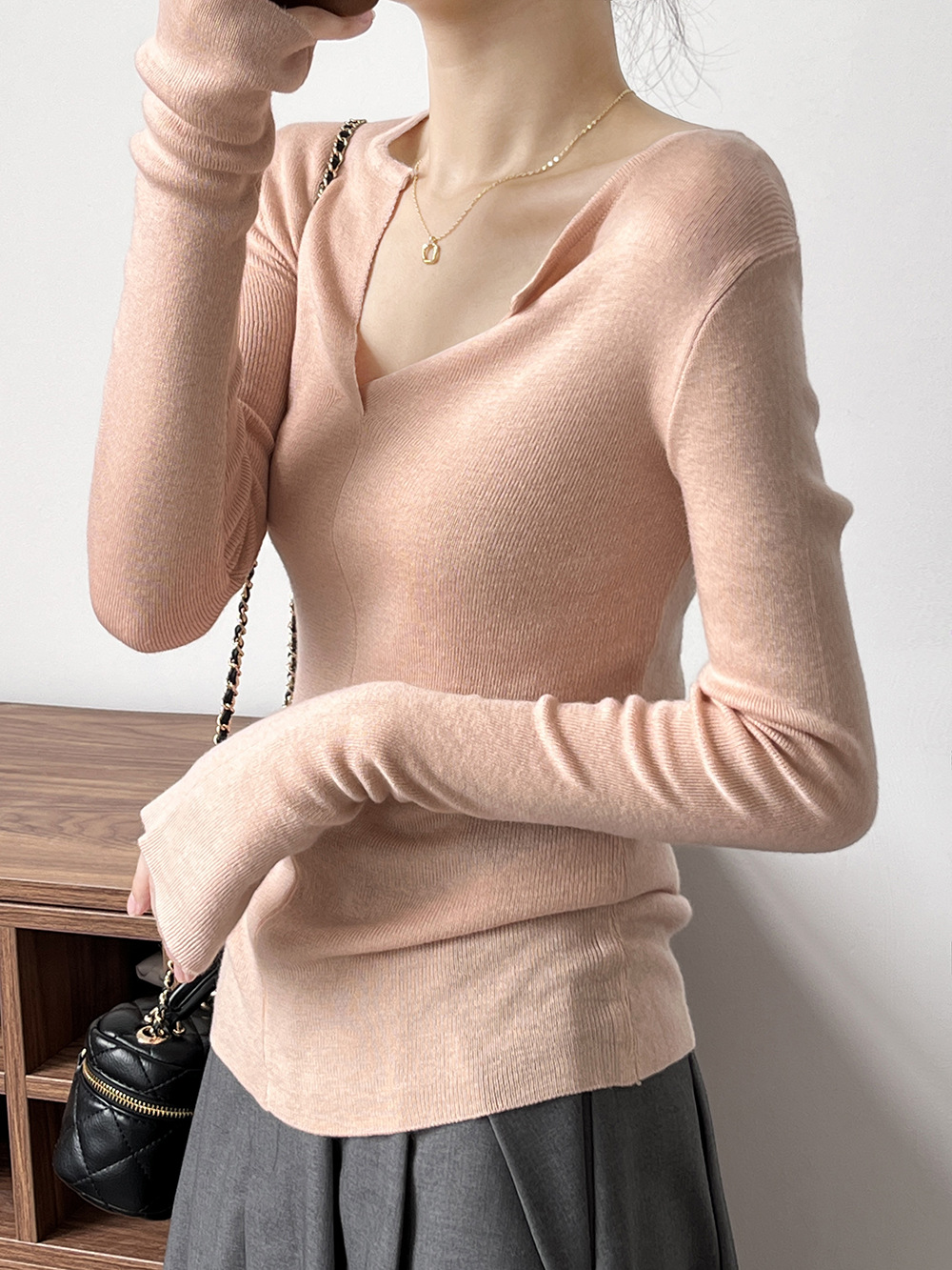 French V Neck Open Sweater Spring Inner Wear Elegant Slim Fit Long Sleeve Top