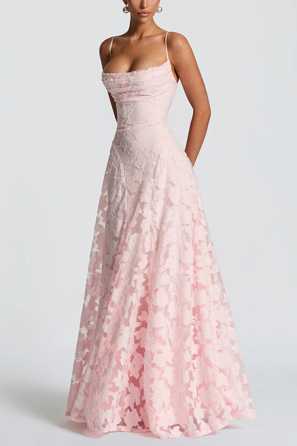 Francis Custom Floral Burnout Fabric Cowl Neck Back Lace-up Maxi Dress