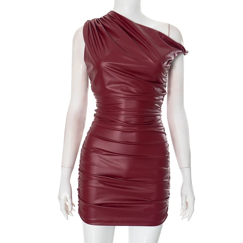 Faux Leather Skew Collar Mini Dress For Women Sexy Twist Sleeveless Ruched Dress Slim Fit Female Club Party Streetwear