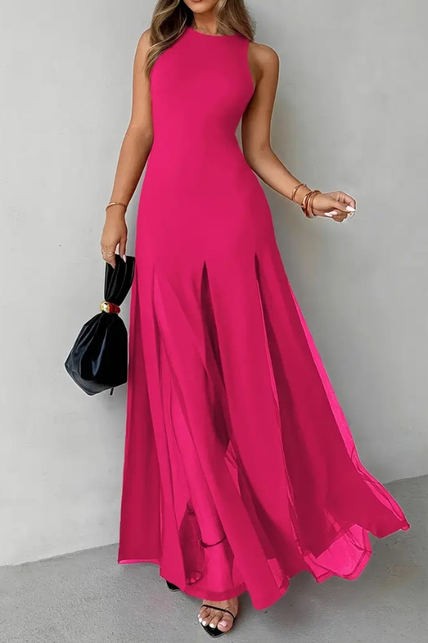 Solid Color Round Neck Sleeveless Slim Fit Sheer Patchwork Hem Maxi Dress