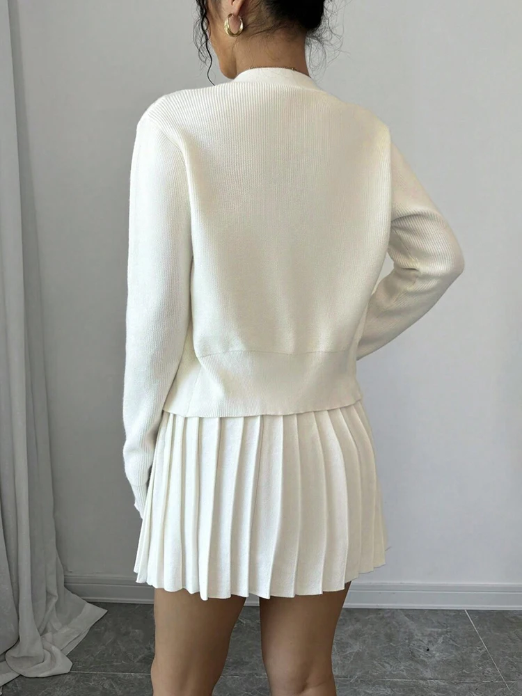 Retro Knitted Long Sleeve Sweater High-Waisted Pleated Skirt Two Piece Set For Women Niche Solid Matching Sets Autumn New