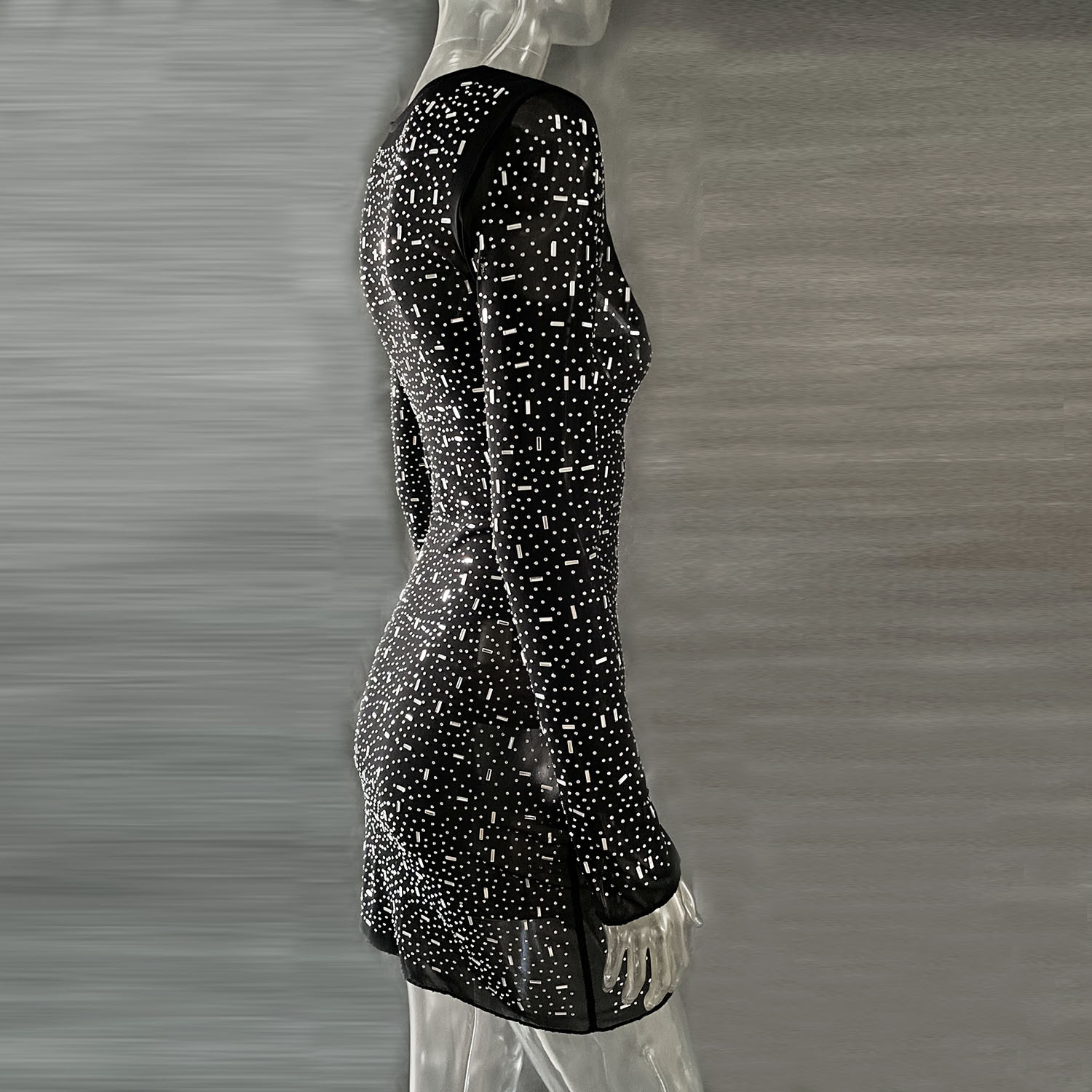 Best Women Clothes Sequined Rhinestone Sexy Semi See through Long Sleeve Short Dress