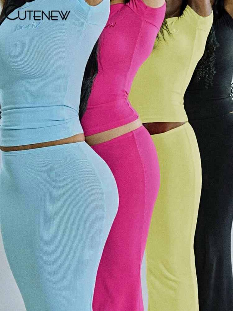 Casual Women Skirts Sets Concise Solid Short Sleeve O-neck Crop Tees+Matching Maxi Bottoms Female Trend Street 2 Piece