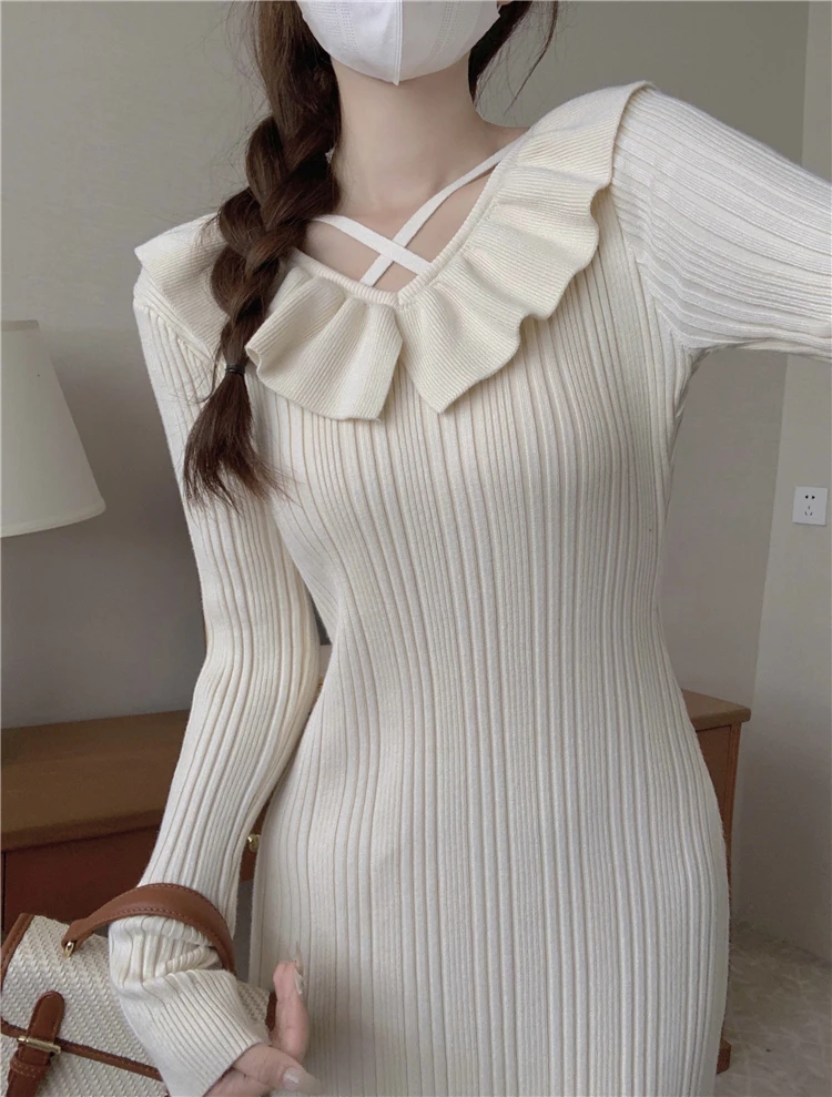 Autumn Knitted Dresses for Women Ruffles V-neck Solid Bodycon Casual Solid Midi Dress Korean Fashion Vestidos Mujer New Knitwear