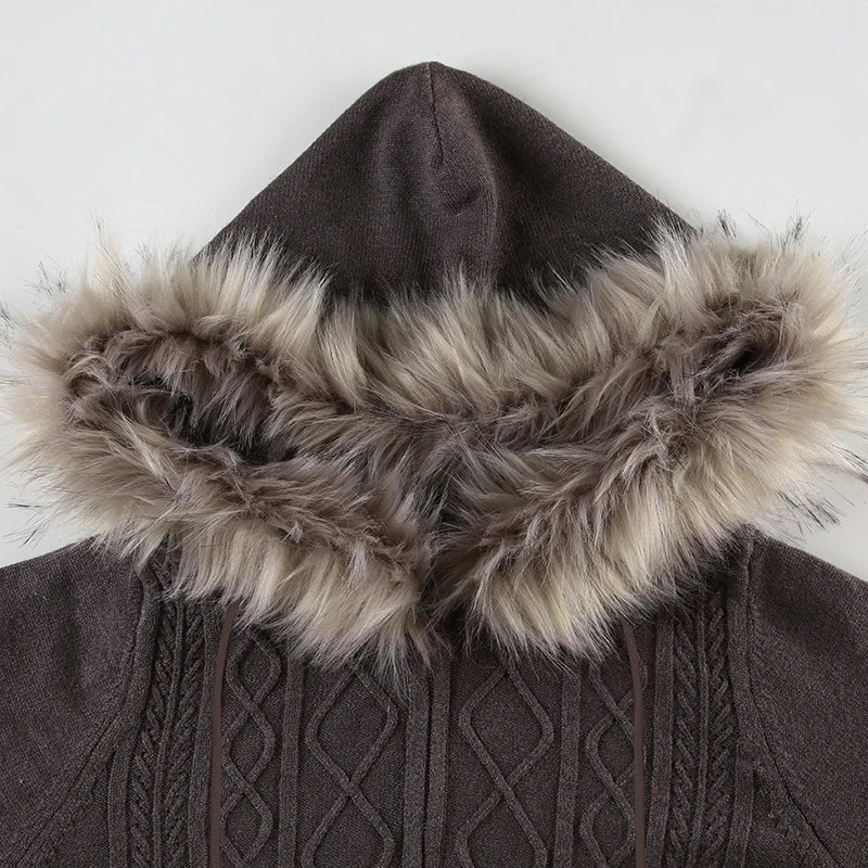 Women Fur Hooded Cardigan Fall Vintage Brown Knitted Zipper Coat Winter Street Outfits Korean Fashion Jacket 2000s