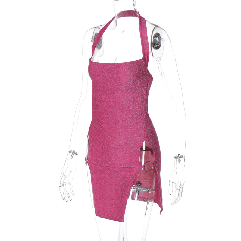Sexy Sexy Short Dress Spring Summer Women Clothing Halter Split Bright Silk Sheath Dress