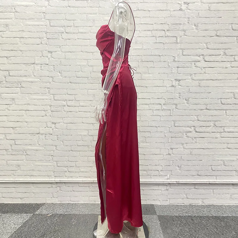 Sexy Backless High Waist Slit Evening Dress Elegant Sleeveless Long Party Dresses Solid Lace-up Irregular Graduation Dress Women