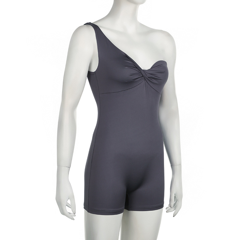 Summer Casual Women Solid Color One Shoulder Asymmetric Twist Knot Tube Top Sports Jumpsuit Fitness Yoga Shorts