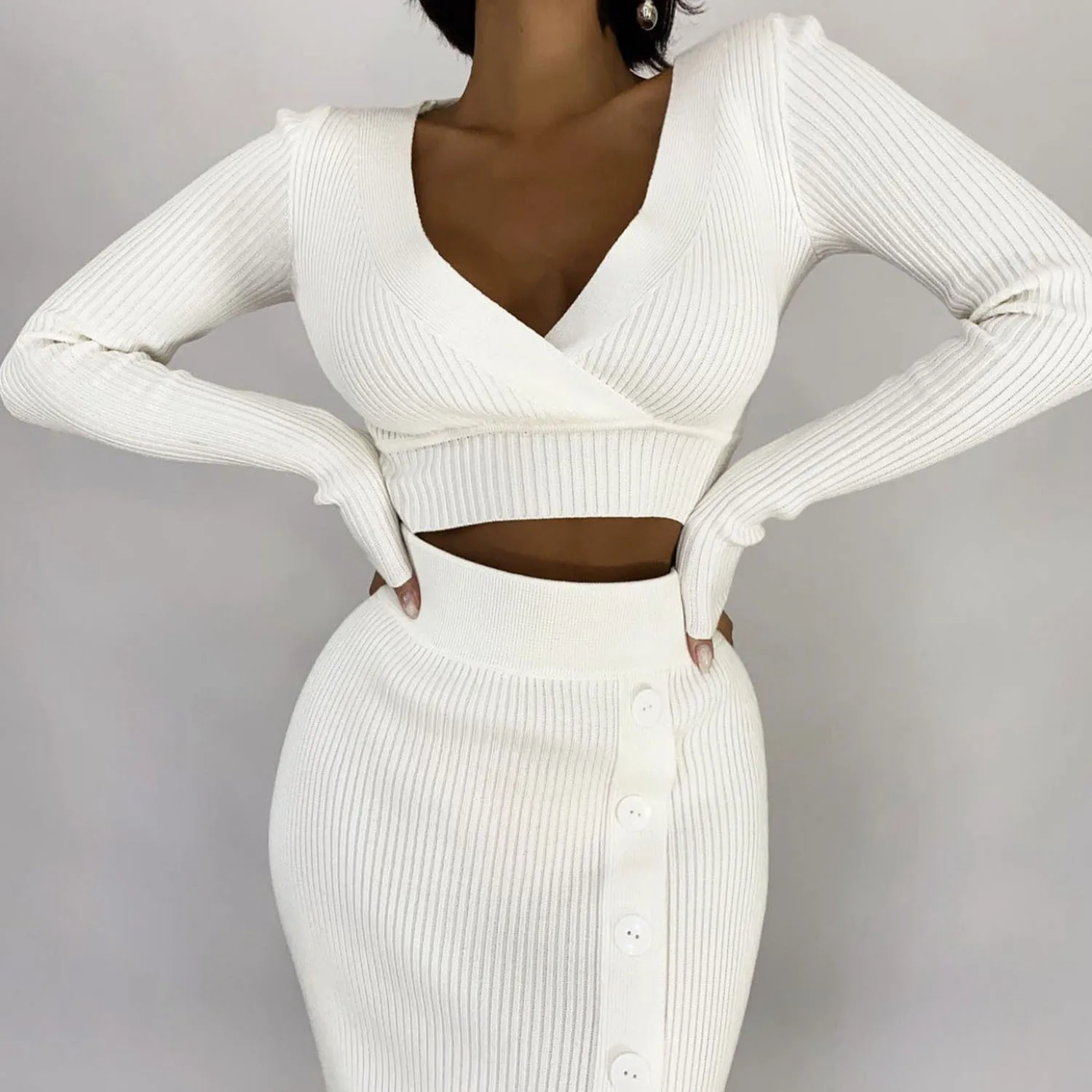 V-Neck Crop Top ANd Midi Skirt Sets Autumn Wrap Slim Bodycon Casual 2 Piece Sets Dress Outfits Women's Knitted Suit 2025