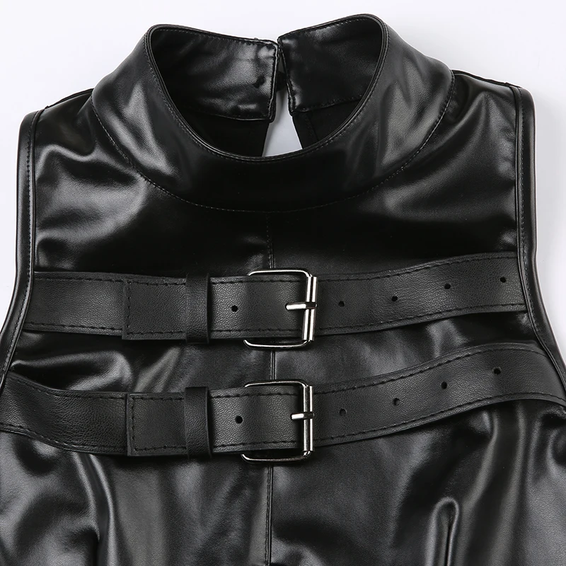 Punk High Street Women Tank Top Leather Buckle Up Sleeveless Zipper Patchwork Crop Vest Tee Hip Hop Club Lady Camis
