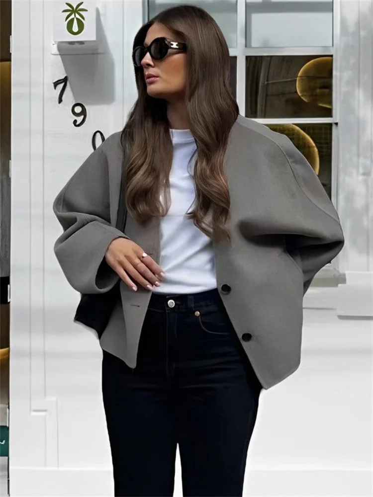 Female Autumn Commute Outwear Pocket Fashion V-Neck Long Sleeve Patchwork Streetwear Solid Cropped Coat Ladies Jacket New