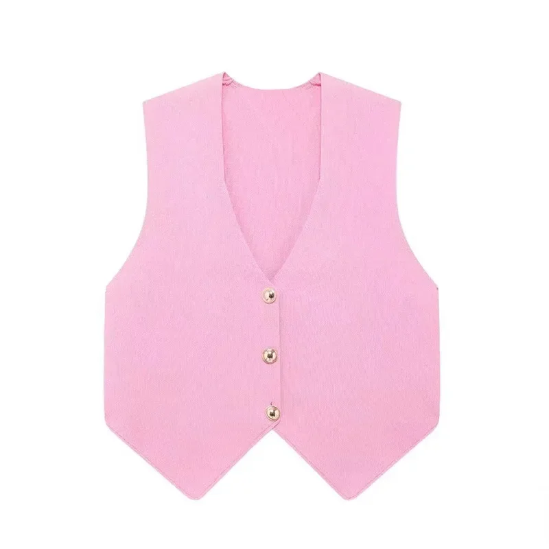 Elegant Knit Short Vest for Women V Neck Single Breasted Sleeveless Waistcoat Pink Top Female New Lady Classic Streetwear